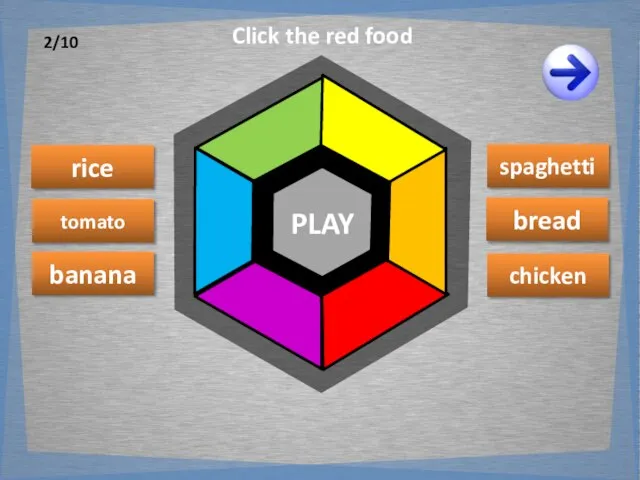 PLAY rice banana tomato spaghetti chicken bread Click the red food 2/10