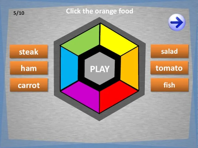 PLAY steak ham carrot salad fish tomato Click the orange food 5/10