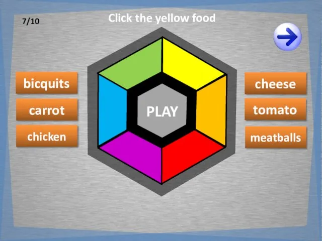 PLAY bicquits carrot cheese chicken meatballs tomato Click the yellow food 7/10