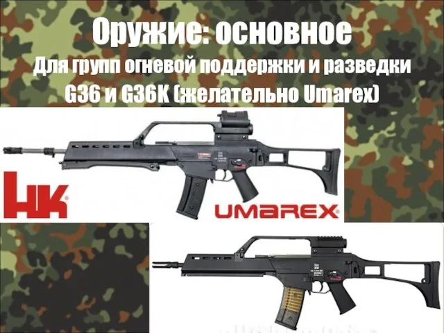 Оружие: основное Для групп огневой поддержки и разведки G36 и G36K (желательно Umarex)