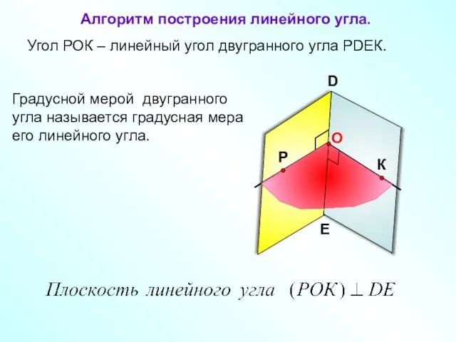 Угол РОК – линейный угол двугранного угла РDEК. D E Градусной