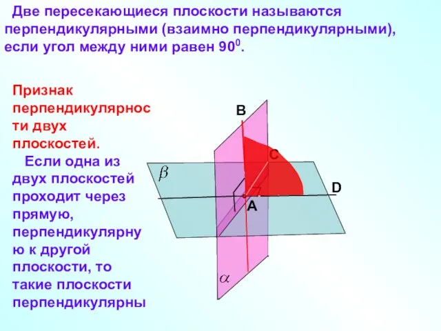 Две пересекающиеся плоскости называются перпендикулярными (взаимно перпендикулярными), если угол между ними