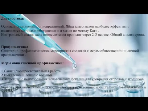 Диагностика: Основан на микроскопии испражнений. Яйца власоглавов наиболее эффективно выявляются методами