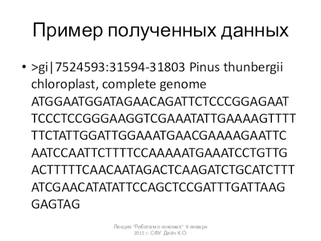 Пример полученных данных >gi|7524593:31594-31803 Pinus thunbergii chloroplast, complete genome ATGGAATGGATAGAACAGATTCTCCCGGAGAATTCCCTCCGGGAAGGTCGAAATATTGAAAAGTTTTTTCTATTGGATTGGAAATGAACGAAAAGAATTCAATCCAATTCTTTTCCAAAAATGAAATCCTGTTGACTTTTTCAACAATAGACTCAAGATCTGCATCTTTATCGAACATATATTCCAGCTCCGATTTGATTAAGGAGTAG Лекция