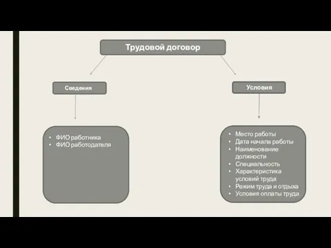 Трудовой договор Сведения Условия ФИО работника ФИО работодателя Место работы Дата