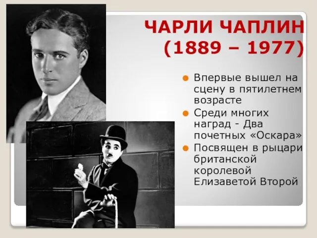 ЧАРЛИ ЧАПЛИН (1889 – 1977) Впервые вышел на сцену в пятилетнем