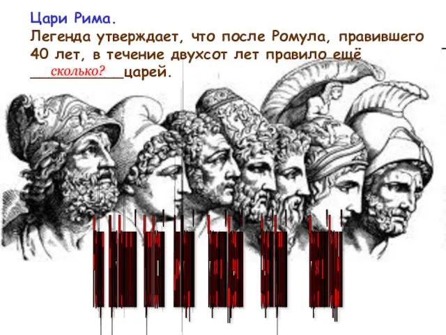 Цари Рима. Легенда утверждает, что после Ромула, правившего 40 лет, в