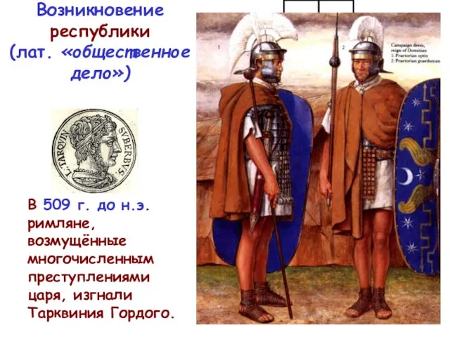 Возникновение республики (лат. «общественное дело») В 509 г. до н.э. римляне,