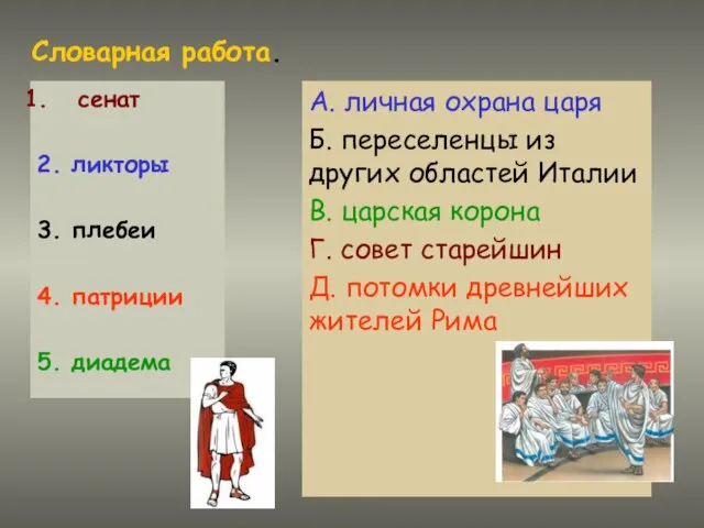 Словарная работа. сенат 2. ликторы 3. плебеи 4. патриции 5. диадема