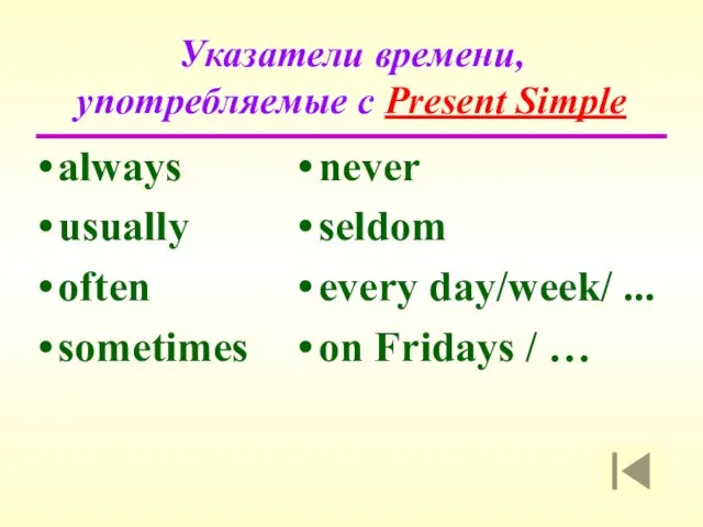 Указатели времени, употребляемые с Present Simple always usually often sometimes never