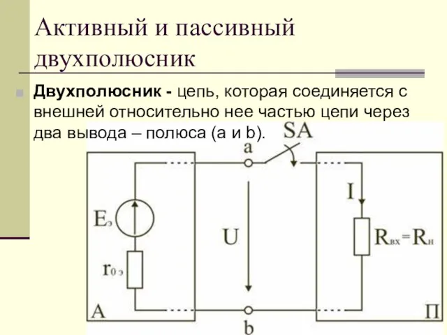 Активный и пассивный двухполюсник Двухполюсник - цепь, которая соединяется с внешней