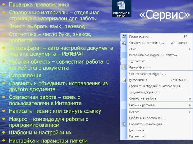 «Сервис» Проверка правописания Справочные материалы – отдельная страница с материалом для