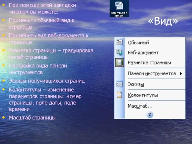 «Вид» При помощи этой закладки «меню» вы можете: Применить обычный вид