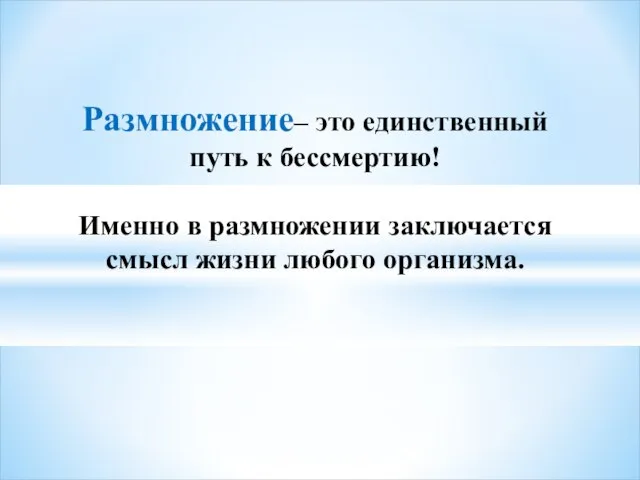 Размножение– это единственный путь к бессмертию! Именно в размножении заключается смысл жизни любого организма.