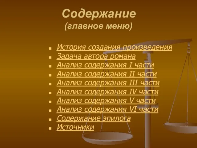 Содержание (главное меню) История создания произведения Задача автора романа Анализ содержания