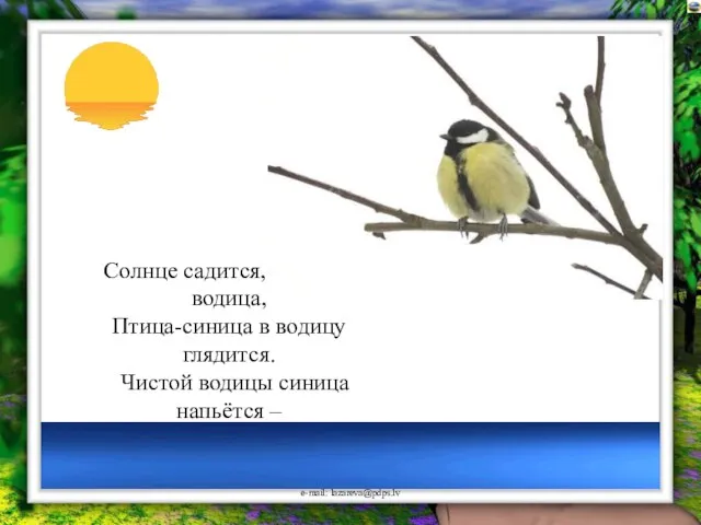 Солнце садится, струится водица, Птица-синица в водицу глядится. Чистой водицы синица напьётся – Словно сегодня звенится-поётся!