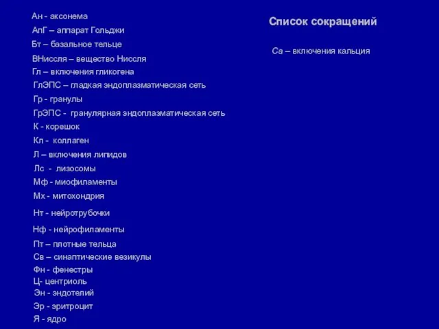 Список сокращений Эр - эритроцит Эн - эндотелий Я - ядро