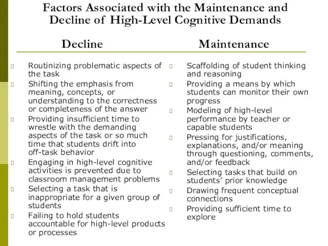 Factors Associated with the Maintenance and Decline of High-Level Cognitive Demands