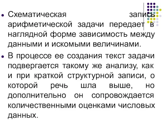 Схематическая запись арифметической задачи передает в наглядной форме зависимость между данными