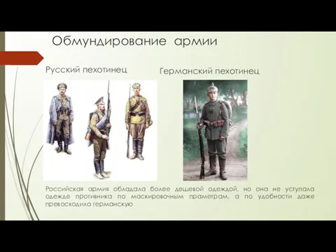 Обмундирование армии Русский пехотинец Германский пехотинец Российская армия обладала более дешевой