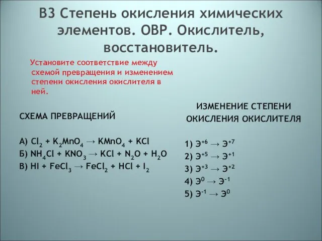 В3 Степень окисления химических элементов. ОВР. Окислитель, восстановитель. Установите соответствие между