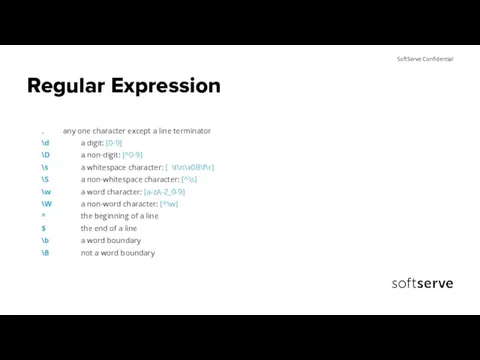 Regular Expression . any one character except a line terminator \d