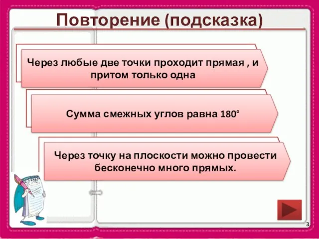 Повторение (подсказка) Сформулируйте аксиому о взаимном расположении прямой и точек. Каким