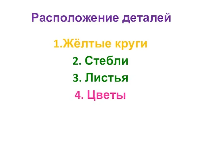 Расположение деталей 1.Жёлтые круги 2. Стебли 3. Листья 4. Цветы