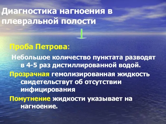 Диагностика нагноения в плевральной полости Проба Петрова: Небольшое количество пунктата разводят