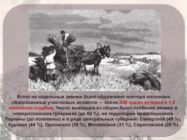 Всего на надельных землях было образовано полтора миллиона обособленных участковых хозяйств