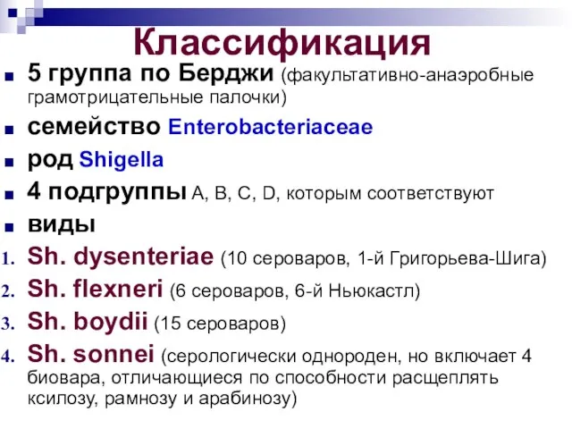 Классификация 5 группа по Берджи (факультативно-анаэробные грамотрицательные палочки) семейство Enterobacteriaceae род