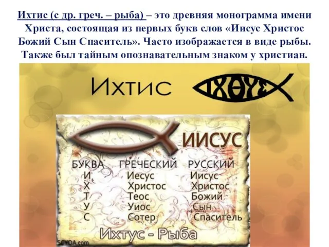 Ихтис (с др. греч. – рыба) – это древняя монограмма имени