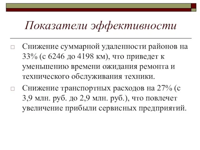 Показатели эффективности Снижение суммарной удаленности районов на 33% (с 6246 до