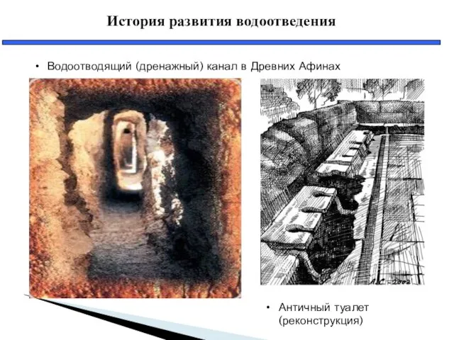 История развития водоотведения Водоотводящий (дренажный) канал в Древних Афинах Античный туалет (реконструкция)