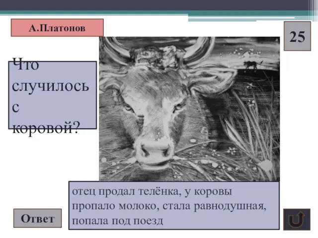 Ответ А.Платонов 25 отец продал телёнка, у коровы пропало молоко, стала