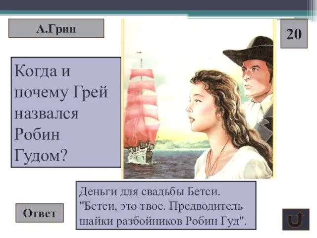 А.Грин 20 Когда и почему Грей назвался Робин Гудом? Ответ Деньги