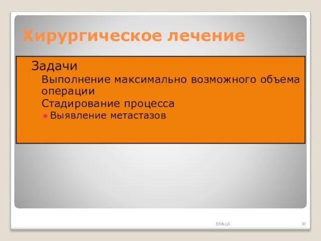 Хирургическое лечение Задачи Выполнение максимально возможного объема операции Стадирование процесса Выявление метастазов ВМедА