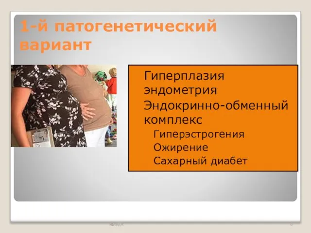 1-й патогенетический вариант Гиперплазия эндометрия Эндокринно-обменный комплекс Гиперэстрогения Ожирение Сахарный диабет ВМедА