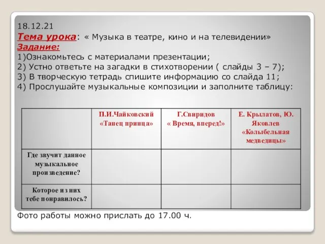 18.12.21 Тема урока: « Музыка в театре, кино и на телевидении»