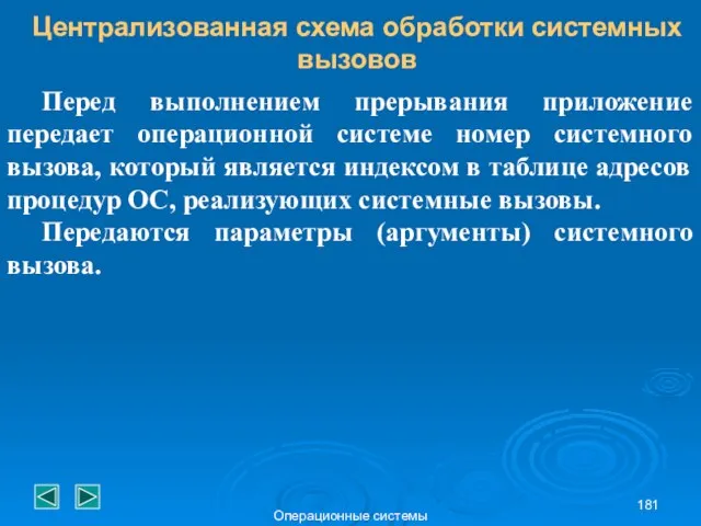 Операционные системы Централизованная схема обработки системных вызовов Перед выполнением прерывания приложение