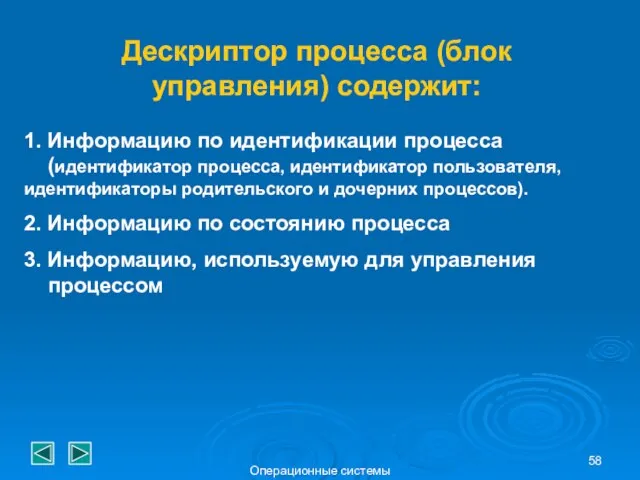 Операционные системы Дескриптор процесса (блок управления) содержит: 1. Информацию по идентификации