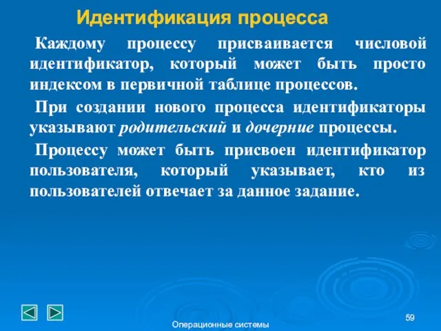 Операционные системы Идентификация процесса Каждому процессу присваивается числовой идентификатор, который может