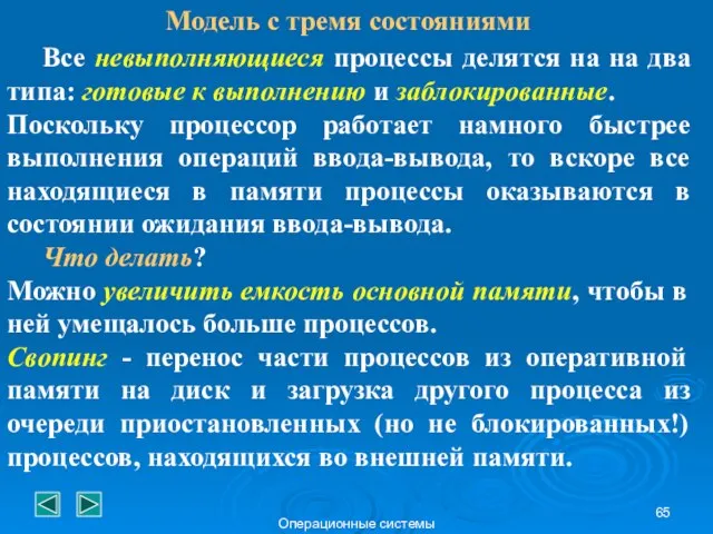 Операционные системы Модель с тремя состояниями Все невыполняющиеся процессы делятся на