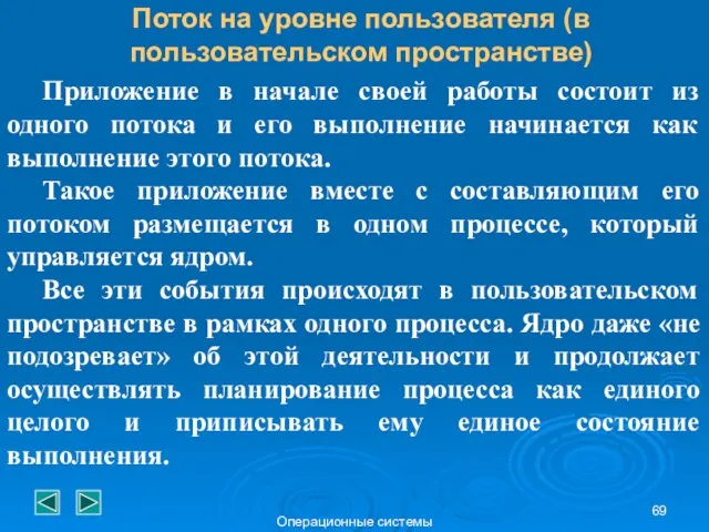 Операционные системы Поток на уровне пользователя (в пользовательском пространстве) Приложение в