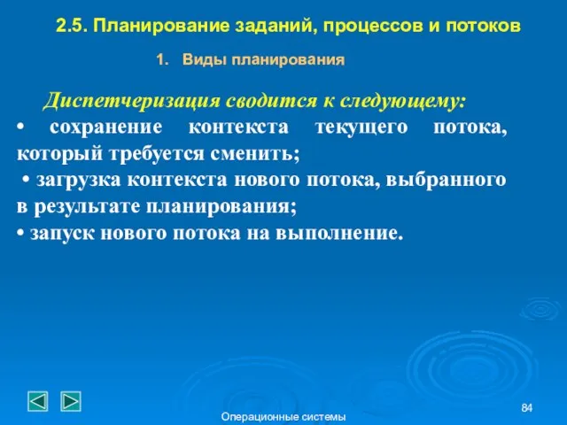 Операционные системы 2.5. Планирование заданий, процессов и потоков Виды планирования Диспетчеризация