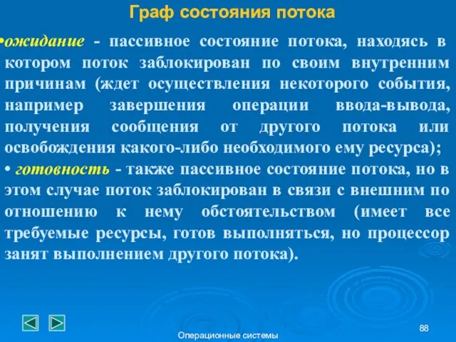 Операционные системы Граф состояния потока ожидание - пассивное состояние потока, находясь