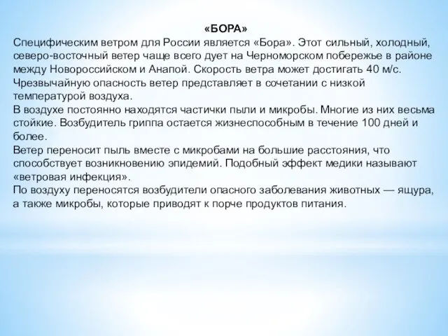 «БОРА» Специфическим ветром для России является «Бора». Этот сильный, холодный, северо-восточный