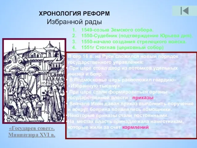 ХРОНОЛОГИЯ РЕФОРМ Избранной рады «Государев совет». Миниатюра XVI в. 1549-созыв Земского