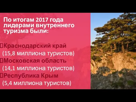 По итогам 2017 года лидерами внутреннего туризма были: Краснодарский край (15,8