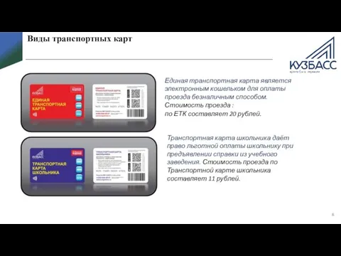 Виды транспортных карт Единая транспортная карта является электронным кошельком для оплаты